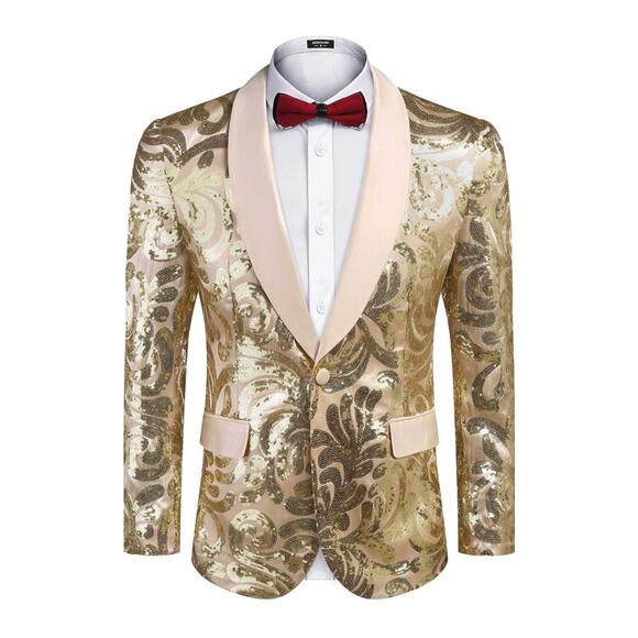 Sequin Blazer Sparkly Glitter Jacket, Shiny Floral Suit Jacket, Light Gold, 3X - Picture 1 of 4